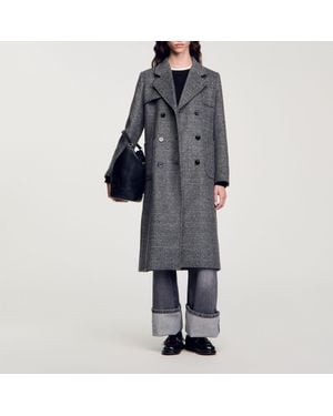 Sandro Long Checked Coat - Black