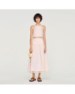 Sandro Cotton Crop Top With Lace Trim - Pink