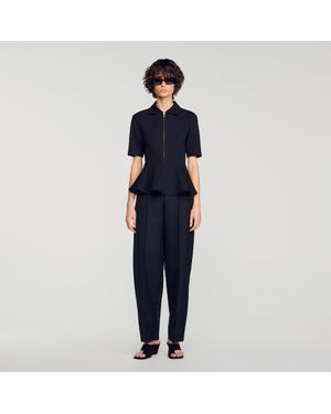 Sandro Peplum T-Shirt With Polo Collar - Blue