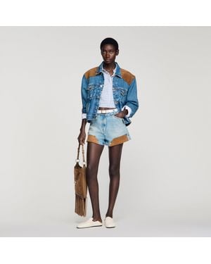 Sandro Denim And Suede Shorts With Rivets - Blue
