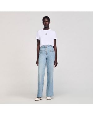 Sandro Cotton T-Shirt With Embroidery - Blue