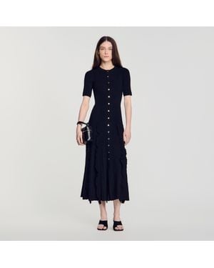 Sandro Knit Maxi Dress With Ruffles - Blue