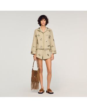 Sandro Striped Shirt, Floral Embroidery - Natural