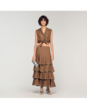 Sandro Long Ruffled Rhinestone Skirt - Brown