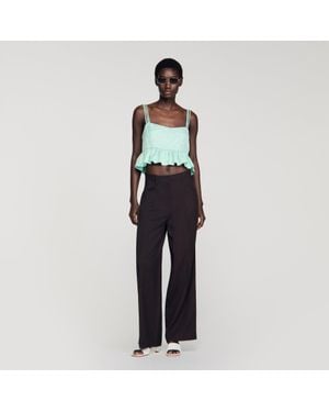 Sandro Floral Jacquard Ruffle Crop Top - Black