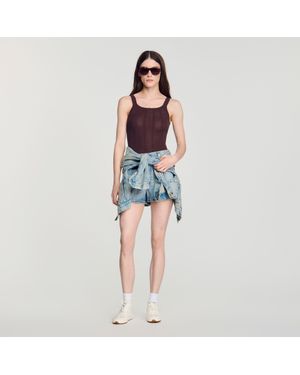 Sandro Pointelle Knit Vest Top With Bow - Blue