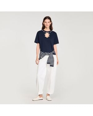 Sandro Rhinestone Openwork T-Shirt - Blue