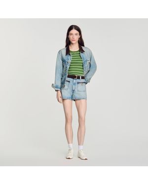 Sandro Denim Shorts With Leather Detail - Blue
