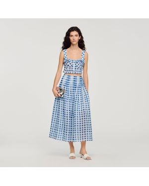 Sandro Long Gingham Linen Skirt - Blue