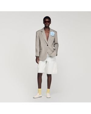 Sandro Check Wool Jacket With Brooch - White