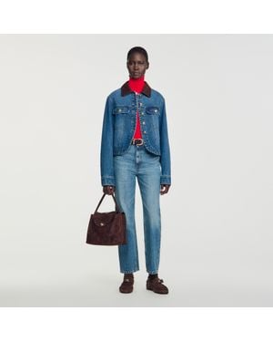 Sandro Denim Jacket With Leather Collar - Blue