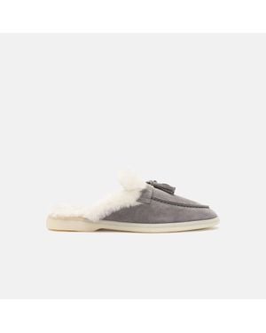 SCAROSSO Lucrezia Fur Grey Suede Mules - Black