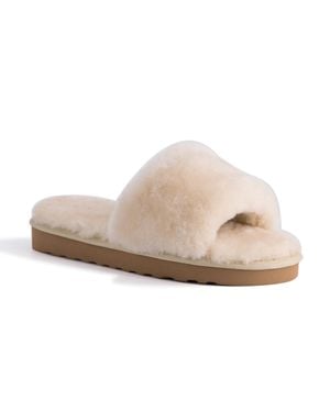 Aus Wooli Australia Damen Schafsfell Fluff Slide Pantoffeln Creme - Weiß