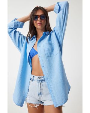 Happiness İstanbul Übergrößiges Strukturierter Baumwollhemd Mit Tasche - Blau