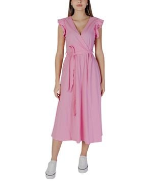 B.Young Damen Casual Midi Kleid Ruschen Armel Wickelkleid - Pink
