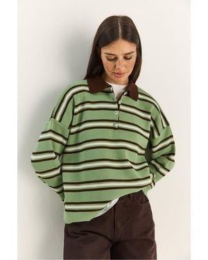 Bianco Lucci Gestreifter Polo-Kragen Knopf-Pullover - Grün