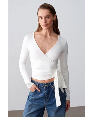 Dilvin Damen Crop-Wrap-Bluse Mit Bindeband - Weiß
