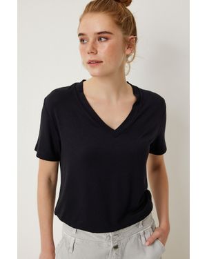 Happiness İstanbul V-Ausschnitt Kurzarm Einfarbig T-Shirt - Schwarz