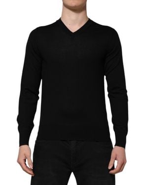 Dolce & Gabbana V-Ausschnitt Woll Langarm-Stricktop - Schwarz
