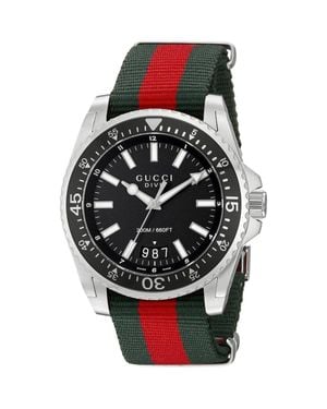 Gucci Dive Herrenuhr Ya136206 Mit Schwarzem Zifferblatt Und Mehrfarbigem Armband