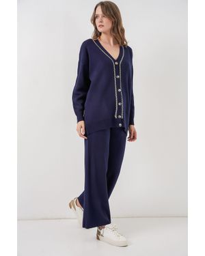 Bigdart V-Ausschnitt Cardigan Und Weit Geschnittene Hose Set - Blau