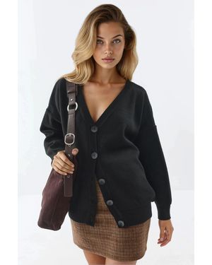 My Fashion Übergroßer Rippstrick V-Ausschnitt Knopf-Cardigan - Schwarz