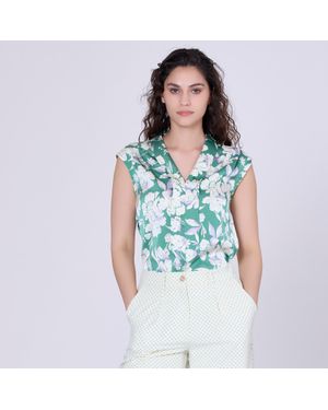 Smart & Joy Ärmellose Bluse Mit Breitem, Flachem Kragen Und Makroblumendruck - Blau
