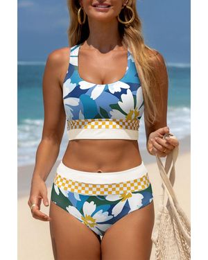 Azura Exchange Grünes Blumenmuster Racerback Cutout Hochtailliertes 2-Teiliges Bikini-Set - Blau