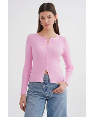 MixRay Knopf-Gefütterte Slim Fit Rippstrick-Cardigan - Pink