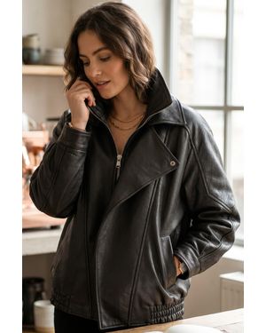 Infinity Leather Damen-Schwarze Lammleder-Big Bomber Biker Blouson Oversize-Jacke – Bloom