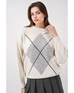 Bigdart Übergroßer Argyle Rundhals-Pullover - Grau
