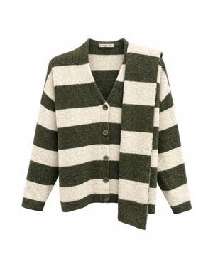 MixRay Gestreifter V-Ausschnitt Knopf-Front Strickcardigan - Grün