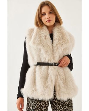 Bianco Lucci Faux-Fur-Schalkragen-Gürtelloser Ärmelloser Weste - Natur
