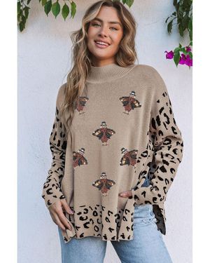 Azura Exchange Pailletten Türkei Leopard Mischmuster Rollkragenpullover Mit Schlitzen - Grün