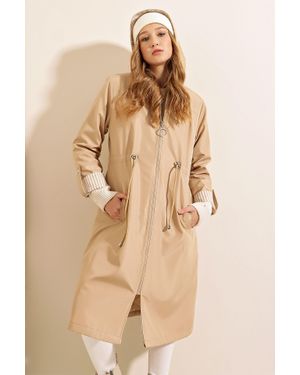 Bigdart Gestreifter Langer Trenchcoat Mit Kapuze Und Tunnelzug - Natur