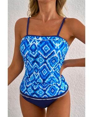 Azura Exchange Navyblaues Abstraktes Druck Tankini-Set Mit Rüschenbesatz Und Spaghettiträgern