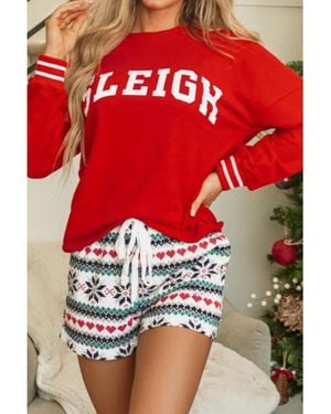 Everyday the Label Damen Rundhals-Top Mit Schriftzug Und Bedruckte Shorts Lounge-Set - Rot