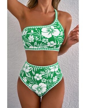 Azura Exchange Grüner Floral Print Ein-Schulter Hochgeschnittener Bikini-Set