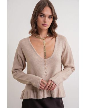 MixRay Leichtes V-Ausschnitt-Stricktop Mit Knopfdetails - Natur