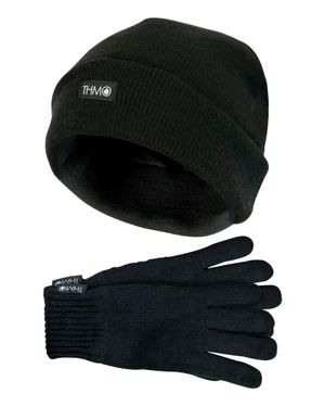 THMO Herren Thinsulate Mütze Und Handschuhe Set - Schwarz