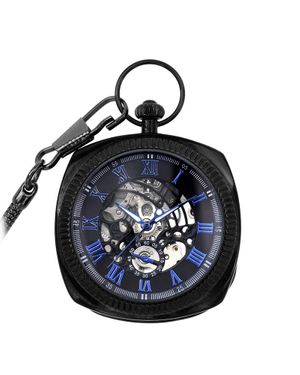 Infinity Leather Mechanische Schwarz-Blaue Vintage-Skelett-Taschenuhr Mit Offenem Zifferblatt