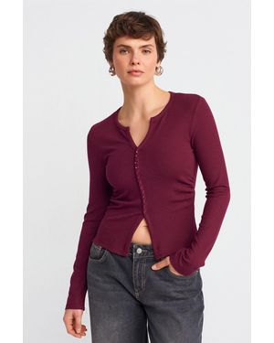 Dilvin Slim Fit Rippstruktur Bluse Mit Knopfleiste - Lila