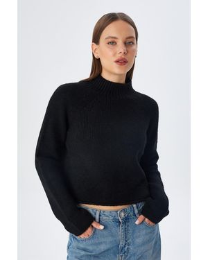 MixRay Damen Verkürzter Strukturierter Strickpullover - Schwarz