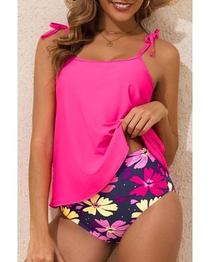 Azura Exchange Rosa Rote Schulterträger Blumendruck Süßer Tankini Set - Pink