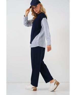 Bigdart Gestreiftes Langarm Crew Neck Zweiteiliges Set - Blau