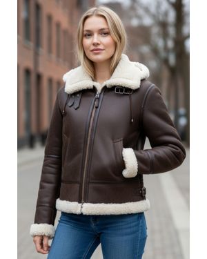 Infinity Leather Damen Creck Braune Schaffell-Bomber-Lederjacke Mit Kapuze – Sovereign - Grau
