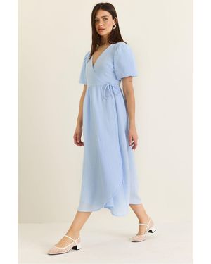 Bianco Lucci Strukturiertes Midikleid Mit V-Ausschnitt Und Wickelverschluss - Blau