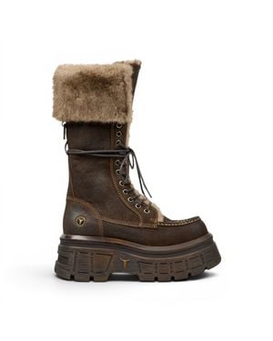 Windsor Smith Windsorsmith Damen-Braune Wildleder-Plattform-Kampfpelzstiefel – Saintly
