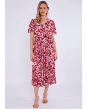 Gini London Pinkes Wickel-Midikleid Mit Tiermuster Und Plissee - Rot