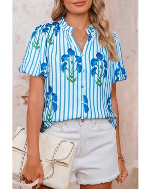 Azura Exchange Gestreifte Florale Kurzärmlige Bluse Mit Knopfleiste Und Rüschensaum - Blau